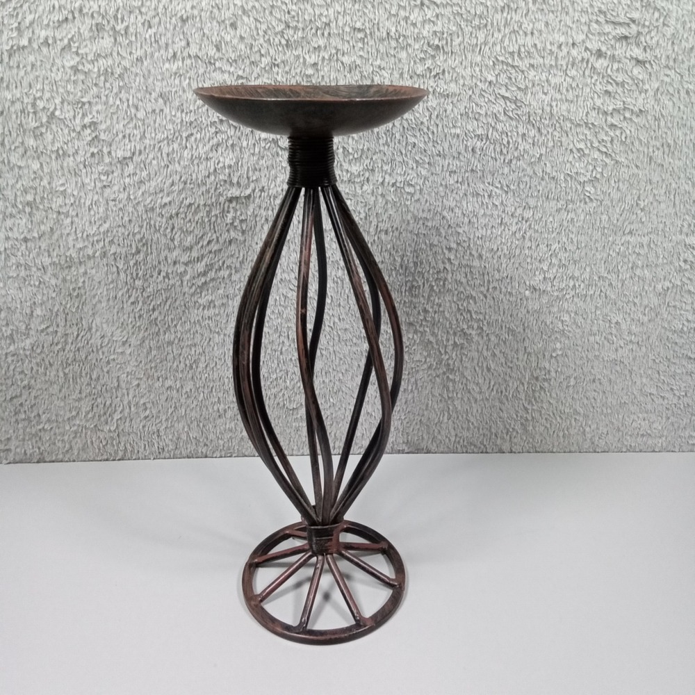 Industrial‎ Bronze Wrought Iron Spiral Cage Pillar Candle Holder Spoke Base 11in